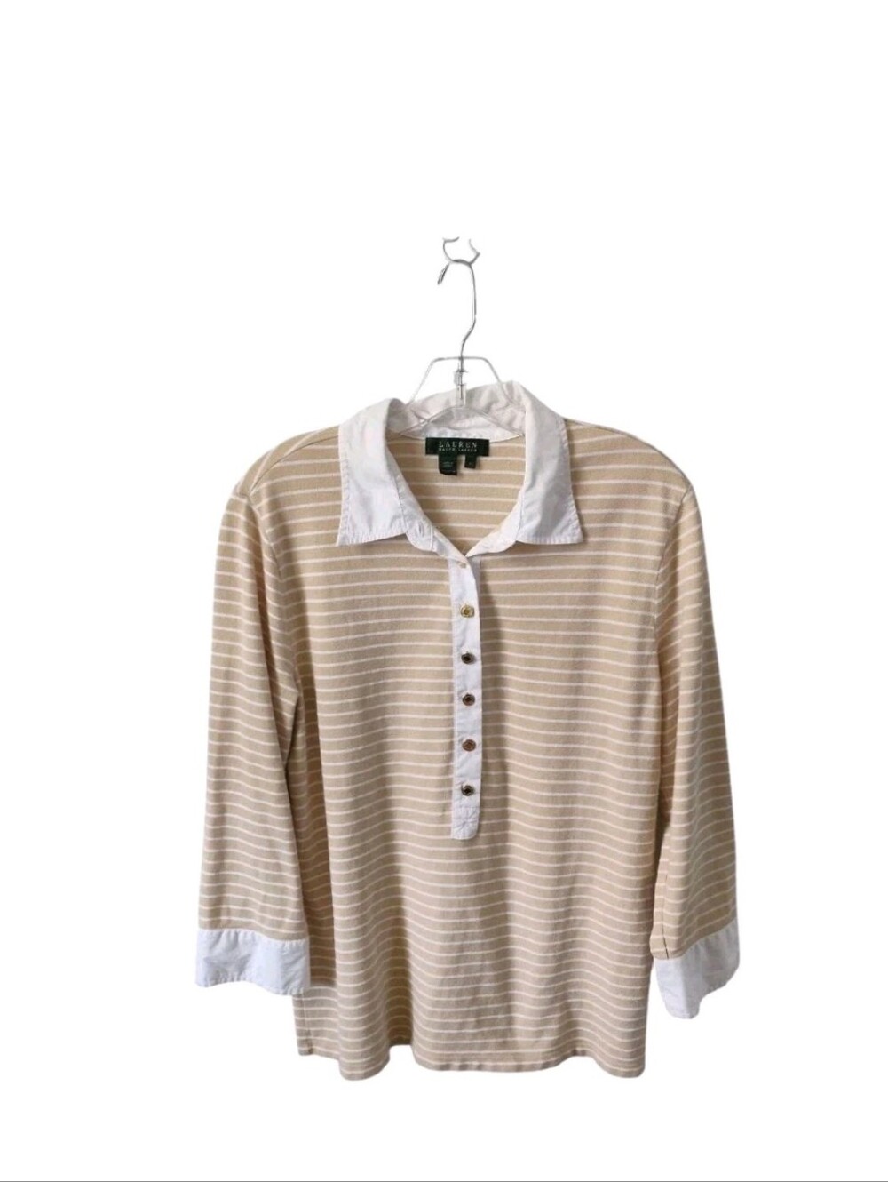Lauren Ralph Lauren Women's Top Beige Striped Gold Buttons Size Large Pullover